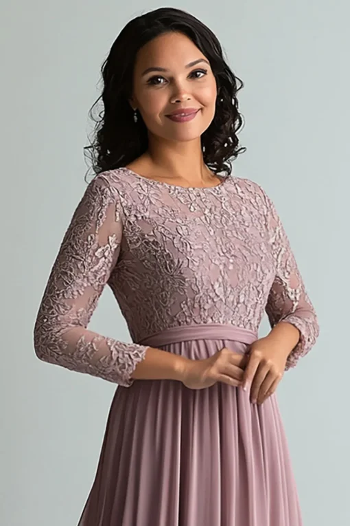 Lace Blush Chiffon Scoop Neck A Line Mother of The Bride Dress