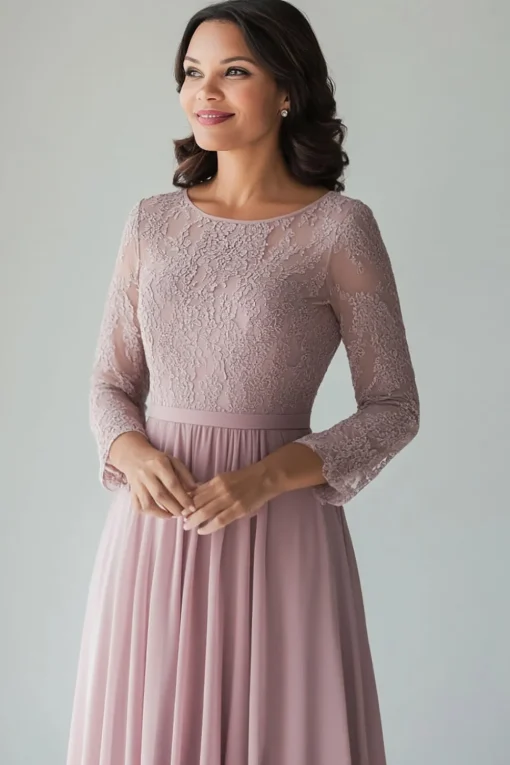 Lace Blush Chiffon Scoop Neck A Line Mother of The Bride Dress