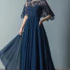 Lace Navy Scoop Neck Ruched A Line Flare Sleeves Mother of The Bride Dress