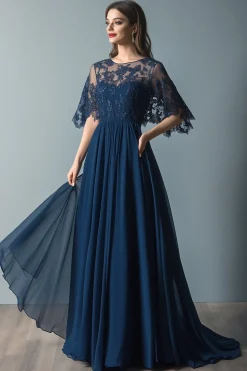 Lace Navy Scoop Neck Ruched A Line Flare Sleeves Mother of The Bride Dress