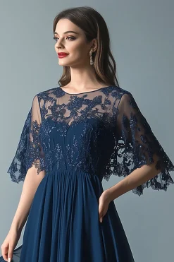 Lace Navy Scoop Neck Ruched A Line Flare Sleeves Mother of The Bride Dress