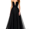 Lace Up Back A Line Long Tulle Black Tie Dress