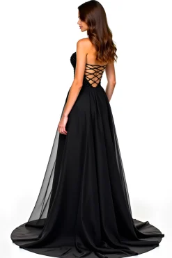 Lace Up Back A Line Long Tulle Black Tie Dress