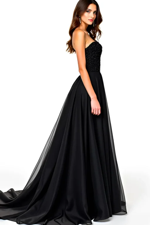 Lace Up Back A Line Long Tulle Black Tie Dress