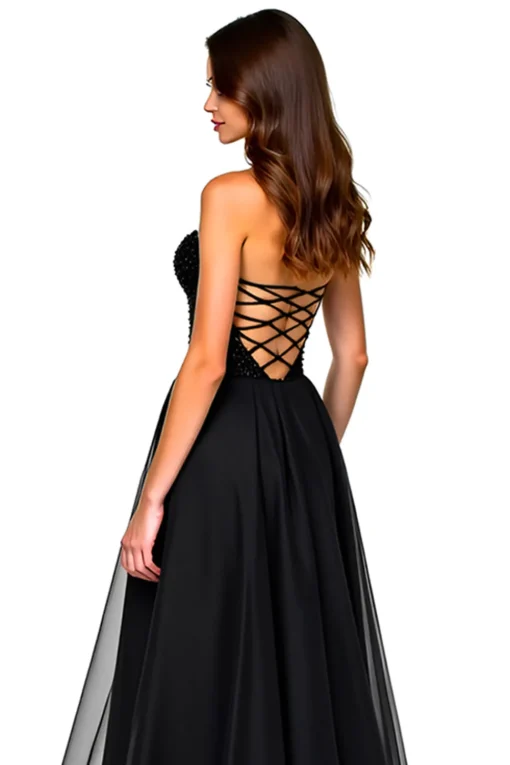 Lace Up Back A Line Long Tulle Black Tie Dress