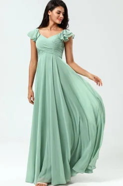 Lace-Up Back A Line Chiffon Green Bridesmaid Dress with Ruffles