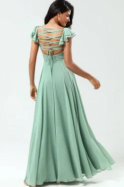 Lace-Up Back A Line Chiffon Green Bridesmaid Dress with Ruffles