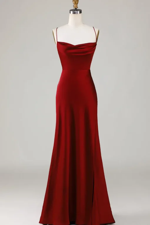 Lace-Up Back Burgundy Long Bridesmaid Dress with Slit