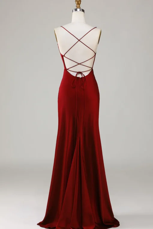 Lace-Up Back Burgundy Long Bridesmaid Dress with Slit