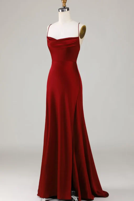 Lace-Up Back Burgundy Long Bridesmaid Dress with Slit
