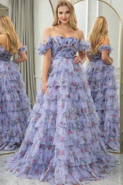 Lavendar Printed A-line Convertible Off the Shoulder Long Tiered Prom Dress