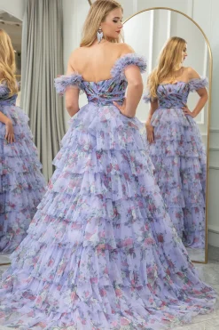 Lavendar Printed A-line Convertible Off the Shoulder Long Tiered Prom Dress