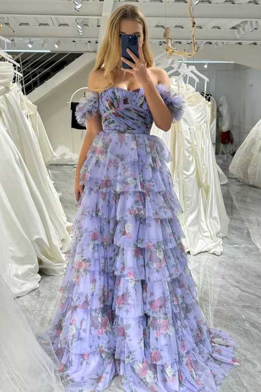 Lavendar Printed Convertible Off the Shoulder A-Line Long Tiered Prom Dress