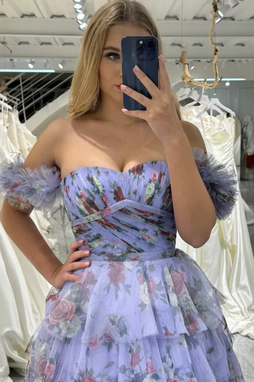 Lavendar Printed Convertible Off the Shoulder A-Line Long Tiered Prom Dress