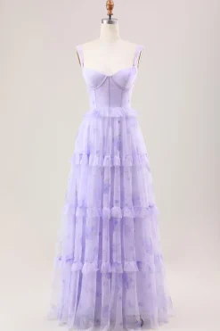 Lavender A Line Corset Spaghetti Straps Floral Tiered Long Bridesmaid Dress