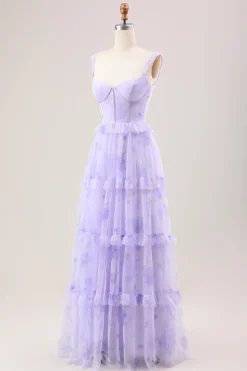 Lavender A Line Corset Spaghetti Straps Floral Tiered Long Bridesmaid Dress