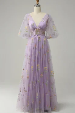 Lavender A Line Tulle Corset Prom Dress with Sleeves