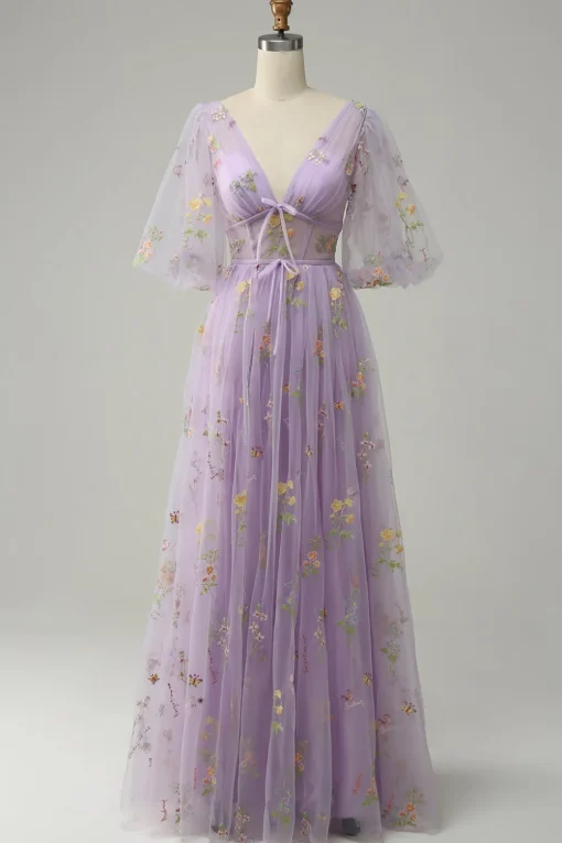 Lavender A Line Tulle Corset Prom Dress with Sleeves