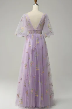 Lavender A Line Tulle Corset Prom Dress with Sleeves