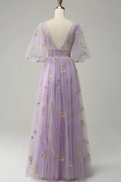 Lavender A Line Tulle Corset Prom Dress with Sleeves