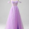 Lavender A Line Tulle Off the Shoulder Prom Dress with Slit