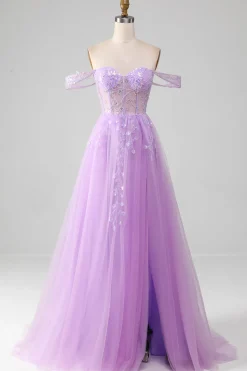Lavender A Line Tulle Off the Shoulder Prom Dress with Slit