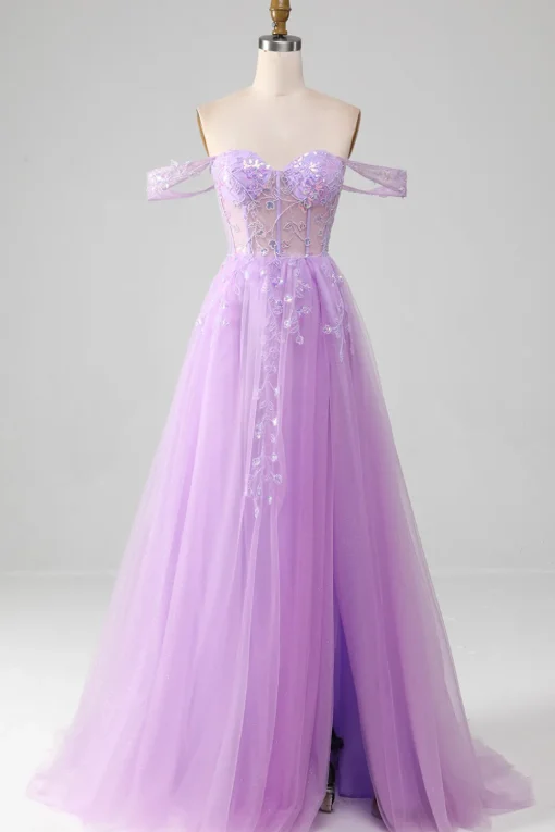 Lavender A Line Tulle Off the Shoulder Prom Dress with Slit