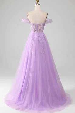 Lavender A Line Tulle Off the Shoulder Prom Dress with Slit