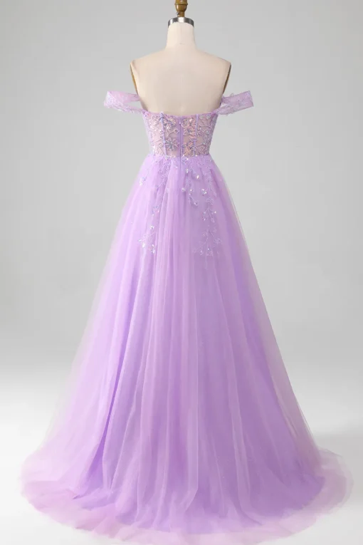 Lavender A Line Tulle Off the Shoulder Prom Dress with Slit