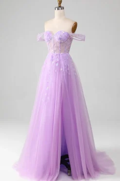 Lavender A Line Tulle Off the Shoulder Prom Dress with Slit