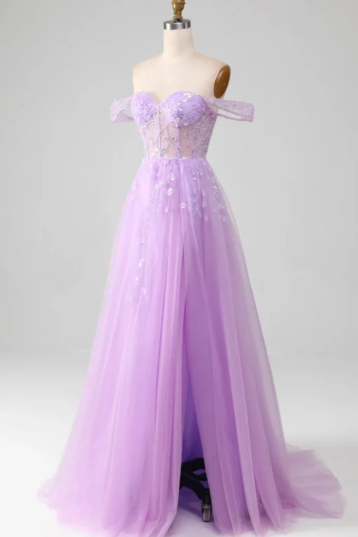 Lavender A Line Tulle Off the Shoulder Prom Dress with Slit