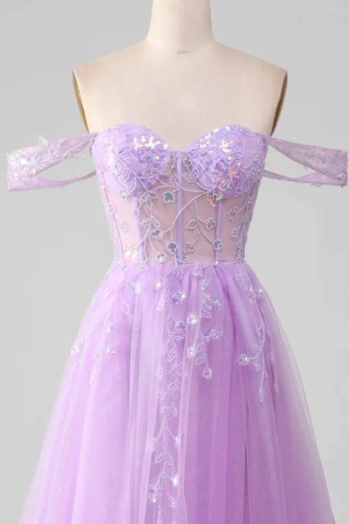 Lavender A Line Tulle Off the Shoulder Prom Dress with Slit