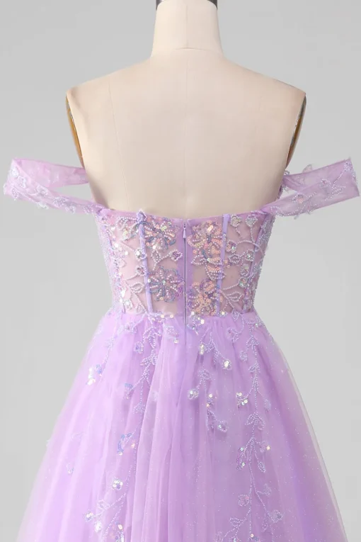 Lavender A Line Tulle Off the Shoulder Prom Dress with Slit