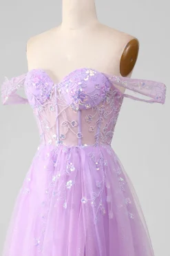 Lavender A Line Tulle Off the Shoulder Prom Dress with Slit