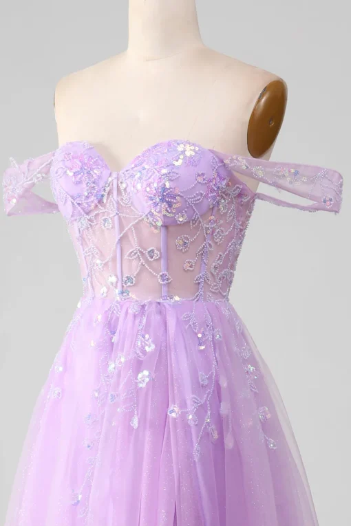 Lavender A Line Tulle Off the Shoulder Prom Dress with Slit