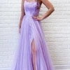 Lavender A Line Tulle Princess Prom Dress with Slit