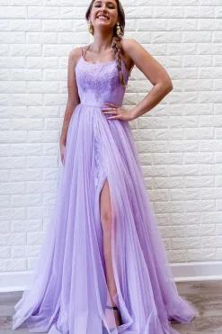 Lavender A Line Tulle Princess Prom Dress with Slit