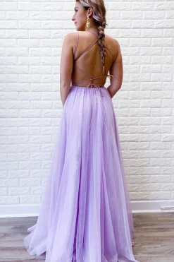 Lavender A Line Tulle Princess Prom Dress with Slit