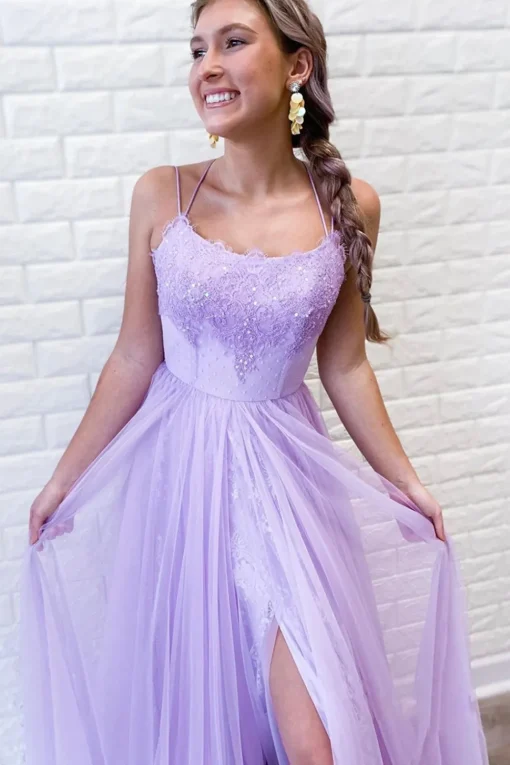 Lavender A Line Tulle Princess Prom Dress with Slit