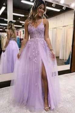 Lavender A-Line Spaghetti Straps Lace Long Prom Dress with Slit