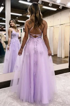 Lavender A-Line Spaghetti Straps Lace Long Prom Dress with Slit