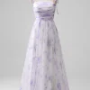 Lavender Flower Spaghetti Straps A Line Long Bridesmaid Dress with Slit