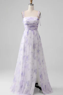 Lavender Flower Spaghetti Straps A Line Long Bridesmaid Dress with Slit