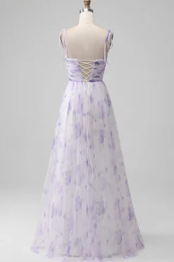 Lavender Flower Spaghetti Straps A Line Long Bridesmaid Dress with Slit