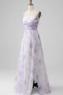 Lavender Flower Spaghetti Straps A Line Long Bridesmaid Dress with Slit