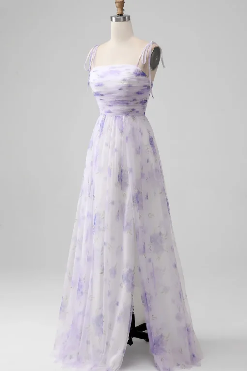 Lavender Flower Spaghetti Straps A Line Long Bridesmaid Dress with Slit