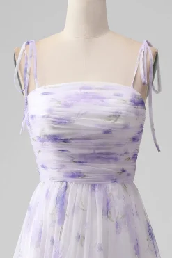 Lavender Flower Spaghetti Straps A Line Long Bridesmaid Dress with Slit