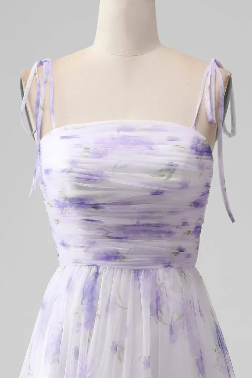 Lavender Flower Spaghetti Straps A Line Long Bridesmaid Dress with Slit