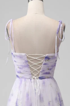 Lavender Flower Spaghetti Straps A Line Long Bridesmaid Dress with Slit
