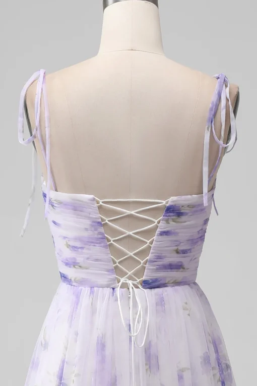 Lavender Flower Spaghetti Straps A Line Long Bridesmaid Dress with Slit